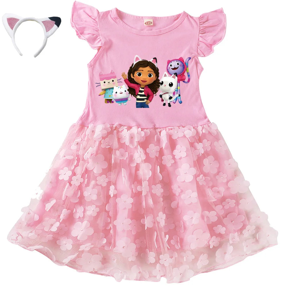 Vestidos Gabbys Dollhouse Costume Kids Cartoon Gabby Chat Dress Baby Girls Summer Short Sleeve Casual Dresses and Bag & Headband