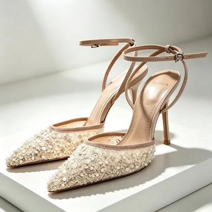 Luxury Bling String Bead Mesh Designer Pumps Women Sexy Pointed Toe Ankle Strap High Heels Elegant Party Wedding Heeled Sandals