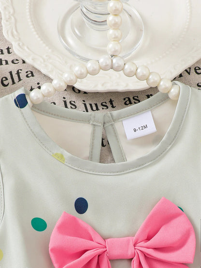 Baby Girl's Colorful Polka Dot Print Sleeveless Bloomer Top with Butterfly Knot And Pink Bloomer Shorts Summer Cute Style Set