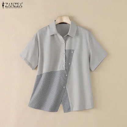 Women Shirt ZANZEA Fashion Patchwork Summer Short Sleeve Tops Striped Tee Oversize Blusas Turn-down Collar Tunic Streetwear