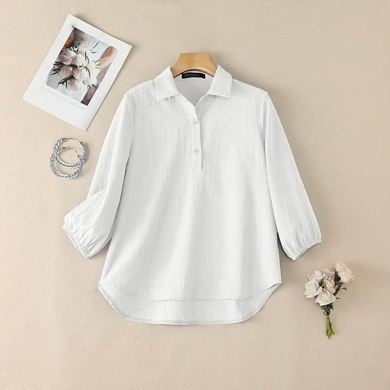 ZANZEA Women Crinkled Fabric Loose Blouses Turn-Down Collar Half-Buttons 3/4 Puff Sleeve Solid Blusas Mujer Daily Casual Tops