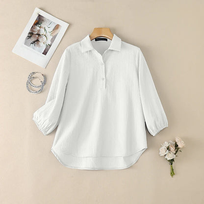 ZANZEA Women Crinkled Fabric Loose Blouses Turn-Down Collar Half-Buttons 3/4 Puff Sleeve Solid Blusas Mujer Daily Casual Tops