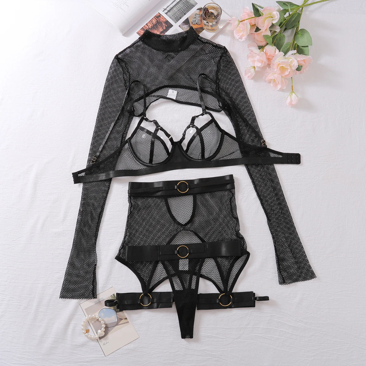 Mesh Hollow Transparent Erotic Bra Thong With Long Sleeve Ultra Short blouse Ladies Sexy Seductive Uniform Lingerie Set