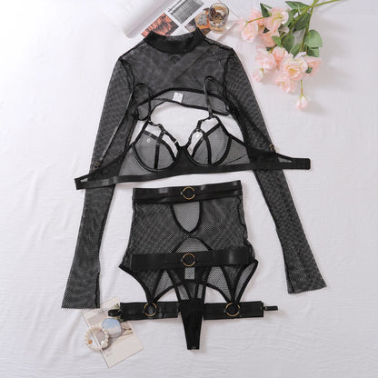 Mesh Hollow Transparent Erotic Bra Thong With Long Sleeve Ultra Short blouse Ladies Sexy Seductive Uniform Lingerie Set