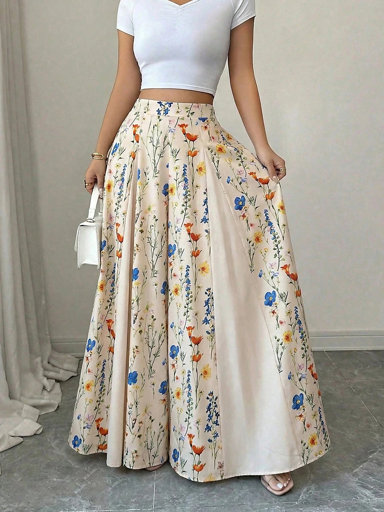 Vintage Floral Print High Waist Flowy Wide Leg Pants, Split Loose Beach Palazzo Pants