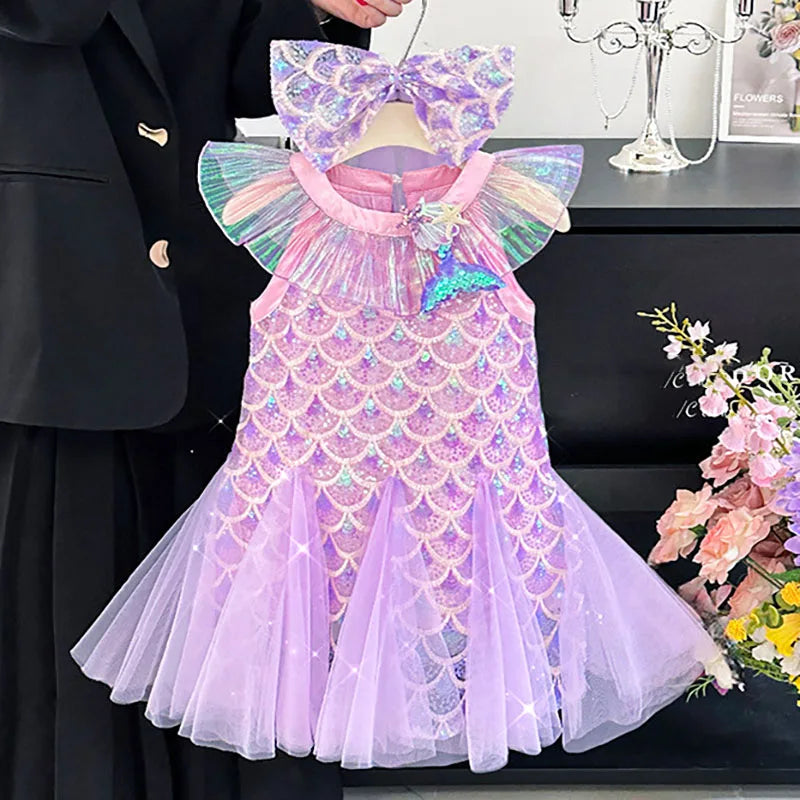 Sequins Mesh Dress For Girls Kids Summer Dress Children Fishtail Gauze Skirt For Party Night Graduation Ceremony Birthday Prom
