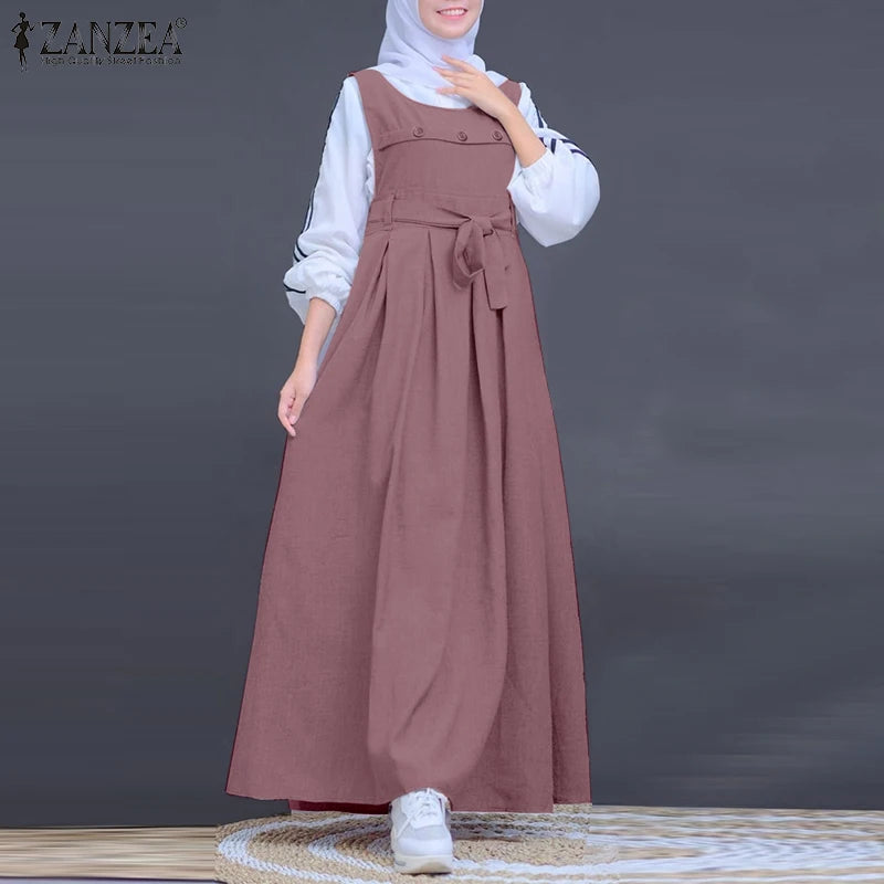 ZANZEA Muslim Abaya Hijab Dress Women Spring Maxi Long Dress Fashion Summer Sleeveless Overalls Dresses Kaftan IsIamic Clothing