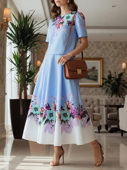 ZANZEA Women's Floral Printed Dress Sets Fashion Short Sleeve Short Blouse and A-Line Long Skirts 2 Pieces Suits Woman Outfits
