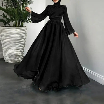 Fashion Muslim Abaya 2026 ZANZEA Women Stand Neck Long Sleeve Pleated Sundress Solid Belted Robe Dubai Hijab Dresses Oversize