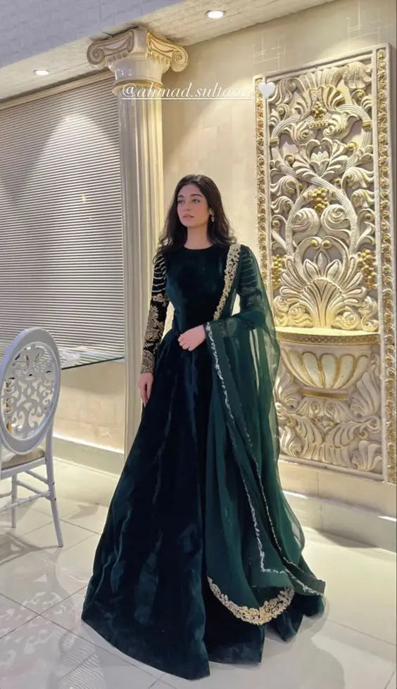 Customized Anarkali Kurti Hunter Green Velvet Prom Dresses with Warp Muslim Long Sleeve Lace Shaadisaga Caftan Kaftan Arabic