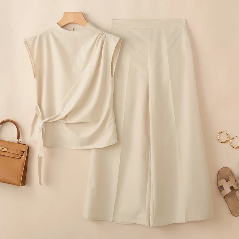 Fashion Women 2 Piece Sets ZANZEA Summer Trousers Suit Short Sleeve Lace-Up Blouse Wide Leg Pant Sets Solid Color OL Work Outfit