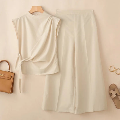 Fashion Women 2 Piece Sets ZANZEA Summer Trousers Suit Short Sleeve Lace-Up Blouse Wide Leg Pant Sets Solid Color OL Work Outfit