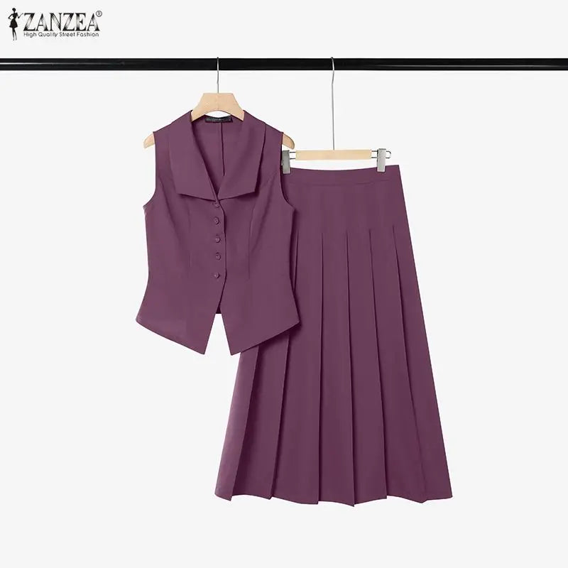 ZANZEA Women Elegant 2 Piece Matching Sets Lapel Sleeveless Vests Tops & Pleated A-Line Maxi Skirts Office Commute 2pcs Suits