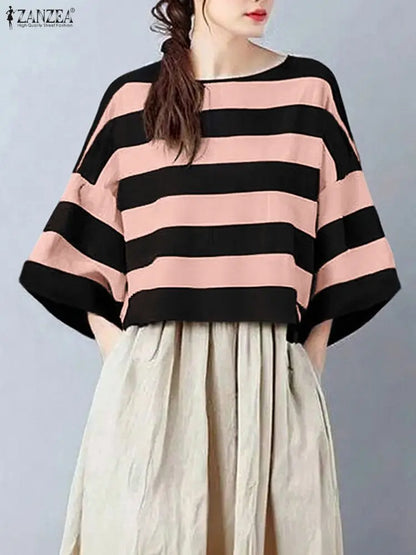 ZANZEA Oversize Contrast-Color Striped Blouses Women Casual Boatneck Drop-Shoulder 3/4 Sleeve Loose Tops Woman Clothes S-3XL