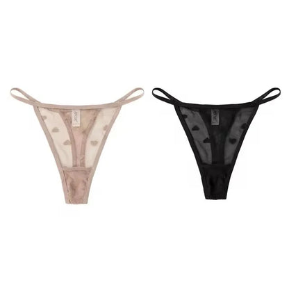 2Pcs Heart See Through Mesh G-String T-Pants Underpants Sexy Lace Sheer Underwear Women's Low Waist  Lingerie Thong Panties
