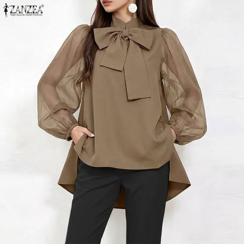 ZANZEA Women High-Low Blouses Summer Elegant Stand Collar Mesh Lantern Sleeves Solid Color Tops Day to Night Blusas de Mujer