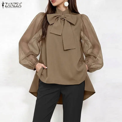 ZANZEA Women High-Low Blouses Summer Elegant Stand Collar Mesh Lantern Sleeves Solid Color Tops Day to Night Blusas de Mujer