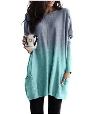Women's Casual Long Sleeve T-Shirt with Pocket Gradient Color T-Shirt for Autumn And Winter Fashionable And Comfortable