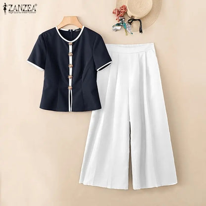 ZANZEA Fashion Summer 2 Pieces Sets Office Outfits 2026 Women Elegant Short Sleeve Blouse Pant Sets Color Blocking Tracksuit
