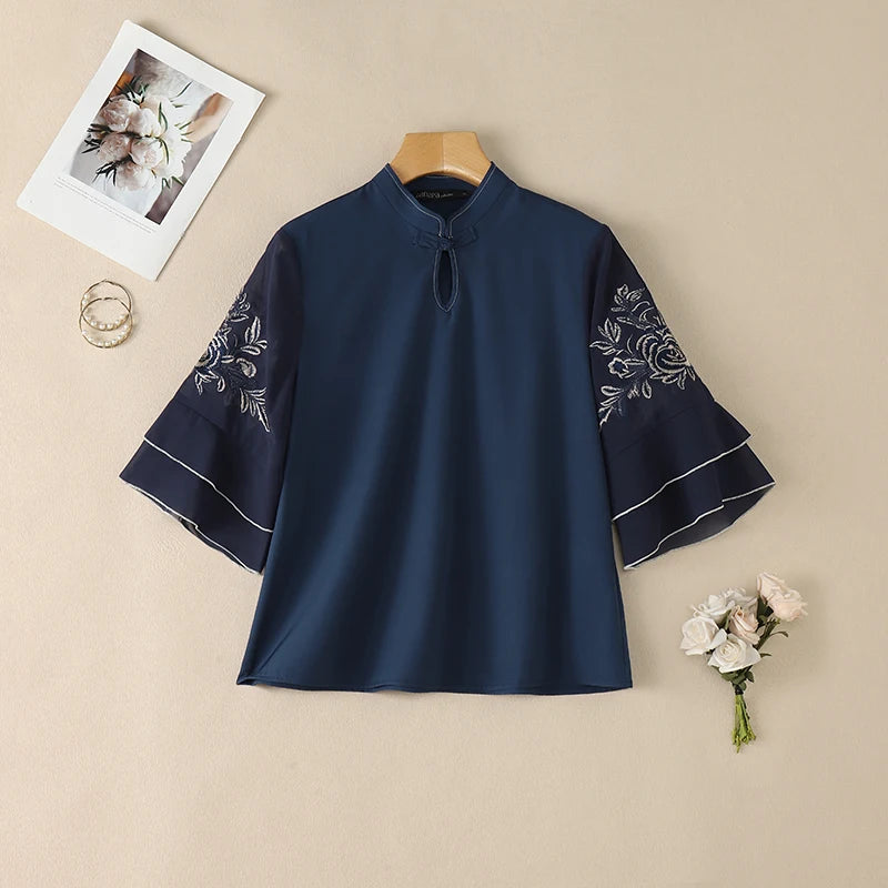 ZANZEA Women Floral Embroidered 3/4 Flared Sleeve Blouses Vintage Mandarin Collar Keyhole Neckline Tops Elegant Blusas de Mujer