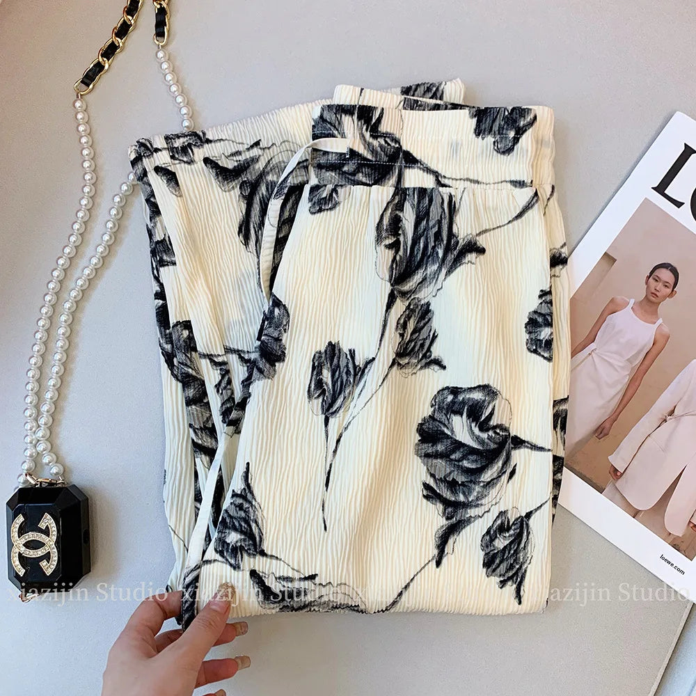 New Spring and Summer Black and White Classic Color Chinese Romantic Small Floral Print Women's Plus Size Wide-leg Trousers
