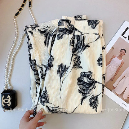 New Spring and Summer Black and White Classic Color Chinese Romantic Small Floral Print Women's Plus Size Wide-leg Trousers