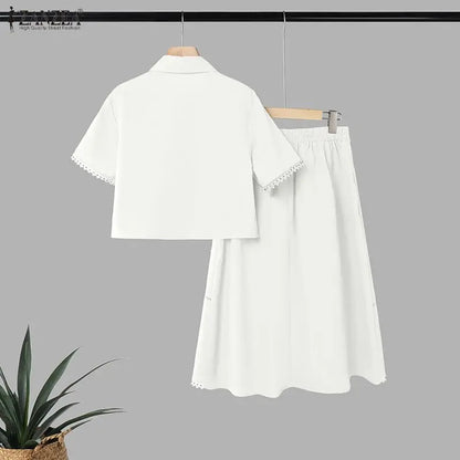 ZANZEA Women's Summer Lace Patchwork 2-Piece Sets Collared Short Sleeve Cropped Blouse & A-Line Midi Skirt Suits Commute Outfit