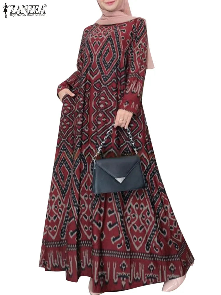 ZANZEA Women Vintage Floral Printed Sundress Spring Long Sleeve Muslim Abaya Maxi Long Dress Turkey Hijab Vestido Robe Femme