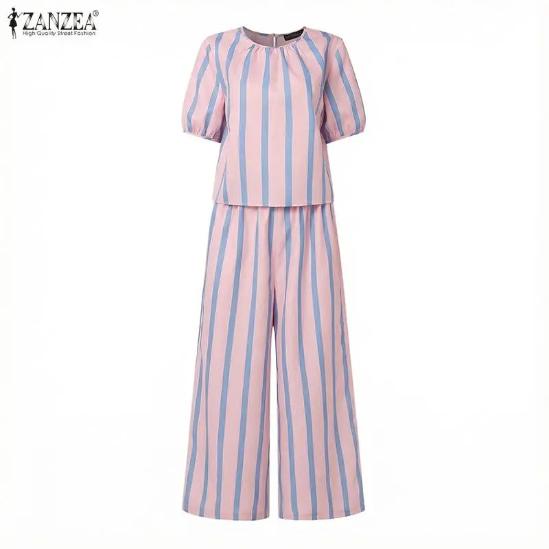 ZANZEA Women's Casual Striped 2-Piece Pant Sets Short Sleeve Loose Blouse & Wide Leg Trousers Suits Stylish Everyday Work Outfit