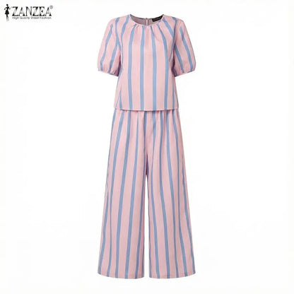 ZANZEA Women's Casual Striped 2-Piece Pant Sets Short Sleeve Loose Blouse & Wide Leg Trousers Suits Stylish Everyday Work Outfit