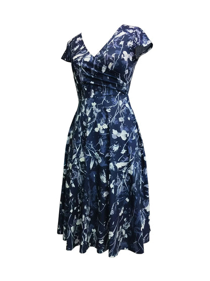 Elegant floral and printed V-neck mid-length pocket dresses for spring, summer and autumn, made of polyester blends