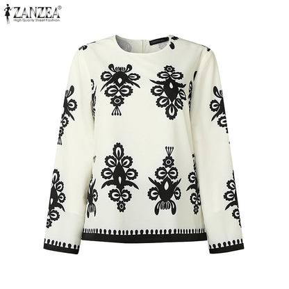 Plus Size Sets ZANZEA 2026 Autumn Women Elegant Pants Sets Vintage Printed Long Sleeve Tops Long Pants Office Lady Suits Casual