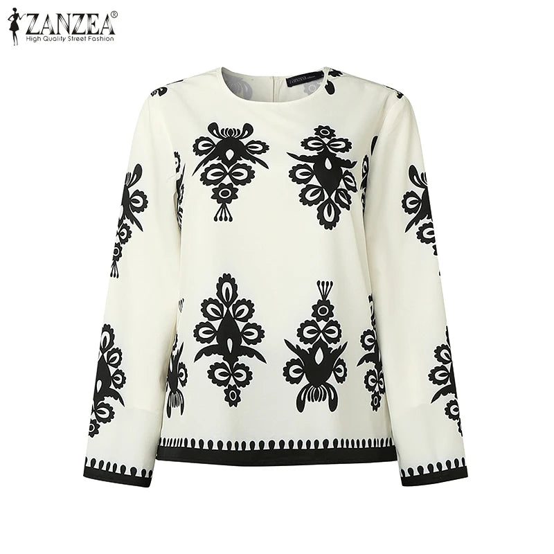 Plus Size Sets ZANZEA 2026 Autumn Women Elegant Pants Sets Vintage Printed Long Sleeve Tops Long Pants Office Lady Suits Casual