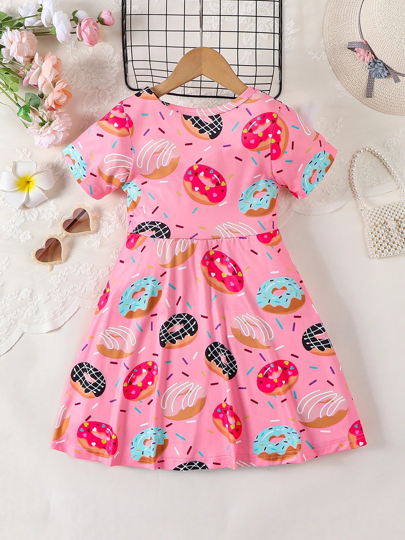 Pink Donut Print round Neck Short Sleeve Dress for Girls Cute Full Print Girl's Dress