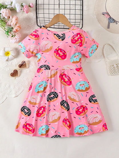 Pink Donut Print round Neck Short Sleeve Dress for Girls Cute Full Print Girl's Dress