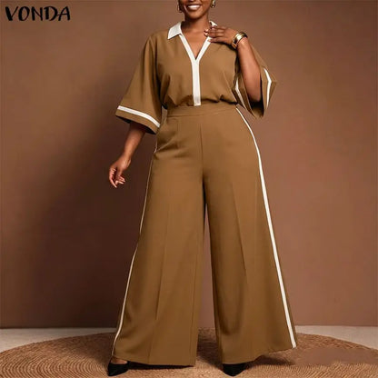 VONDA Summer Autumn Women Pants Sets Fashion Patchwork Plus Size Sets Female 3/4 Sleeve Tops Wide Leg Pant  L-5XL Streetwear