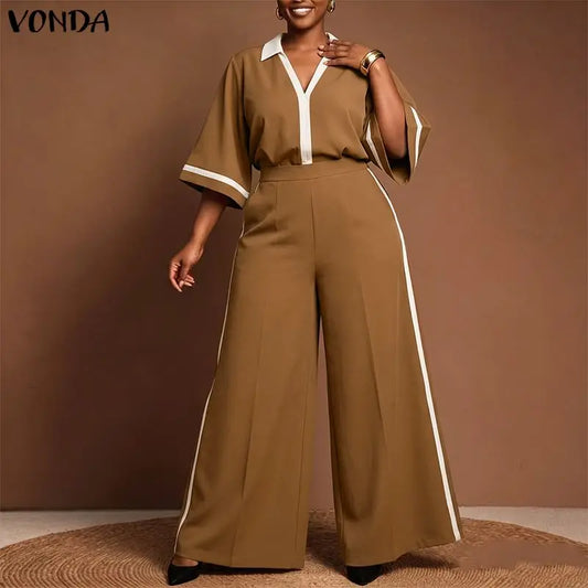 VONDA Summer Autumn Women Pants Sets Fashion Patchwork Plus Size Sets Female 3/4 Sleeve Tops Wide Leg Pant  L-5XL Streetwear