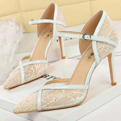 Summer Shoes Women's High Heels Lace Mesh Women Pumps Stiletto 9 Cm Heels Sexy Party Shoes Buckle High-Heeled Sandals Ladies