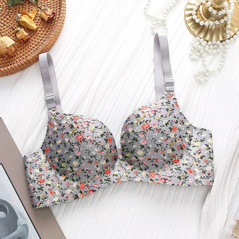 Retro Floral Print Bras Push Up Bra Small Chest Thick Mold Cup No Steel Ring Wirelss Bra Student Seamless Sweet Bra For Girls