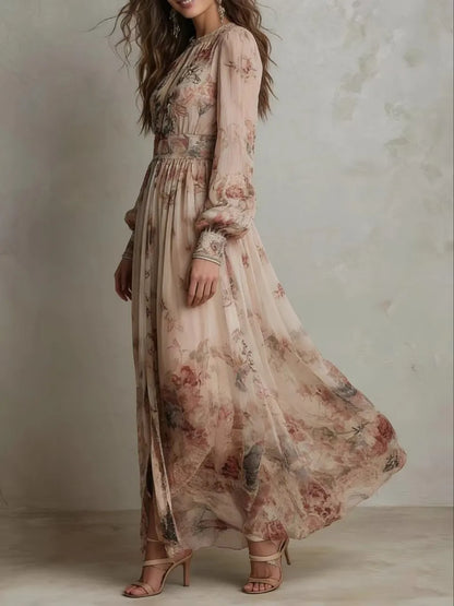 Elegant Long Sleeve Chiffon Long Dresses For Women 2026 Fashion Floral Print Slim Party Maxi Dress Casual