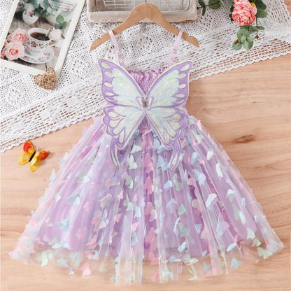 2024 Girls Purple Butterfly Dress Summer Children Colorful Mesh Dress Baby Sling Wings Princess Dress for Birthday 3-8T