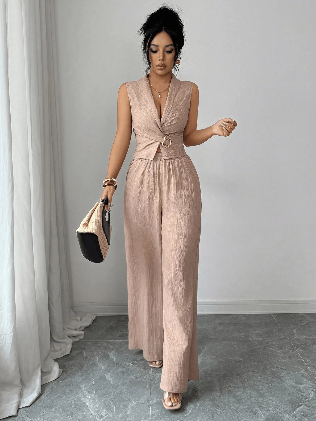 Women's 2 Piece Outfits Summer Sleeveless Wrap V Neck Crop Top Wide Leg Pants Set Casual Elegant Office Two Piece Sets
