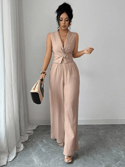 Women's 2 Piece Outfits Summer Sleeveless Wrap V Neck Crop Top Wide Leg Pants Set Casual Elegant Office Two Piece Sets