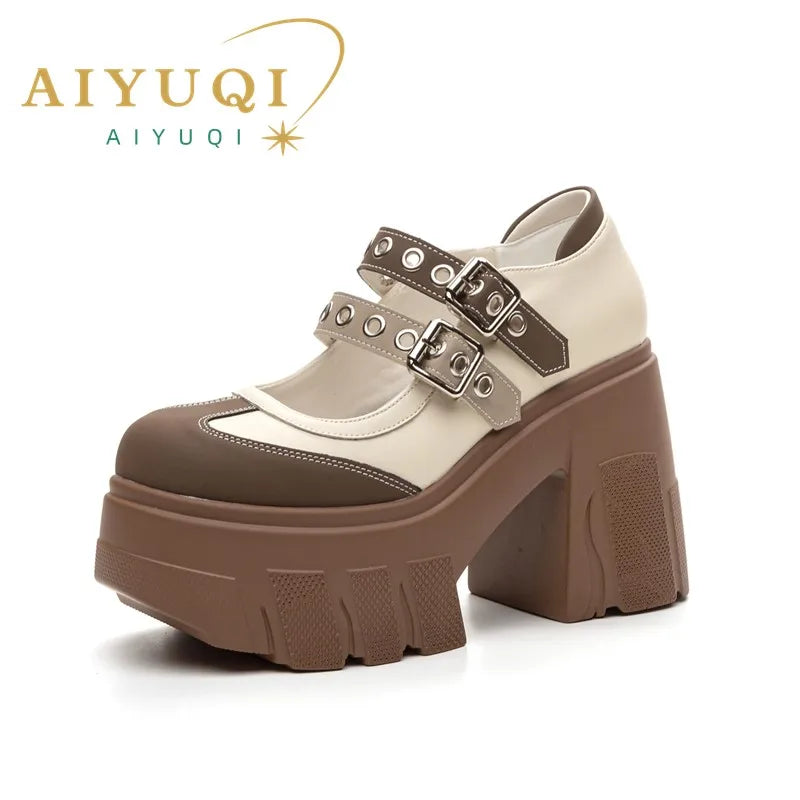 AIYUQI Mary Jane Shoes Women 2026 New Genuine Leather Women High Heels Color Block 11cm Platform Girls Shoes