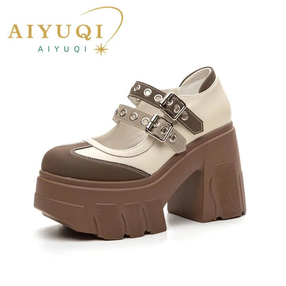 AIYUQI Mary Jane Shoes Women 2026 New Genuine Leather Women High Heels Color Block 11cm Platform Girls Shoes