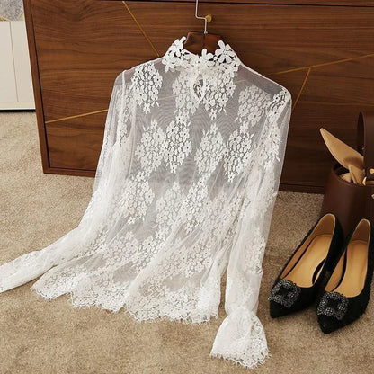 Women Elegant Perspective Lace Blouse Sexy Long Flare Sleeve High Collar Inner Wear Base Tunic Top Casual Mesh Bottom Shirts
