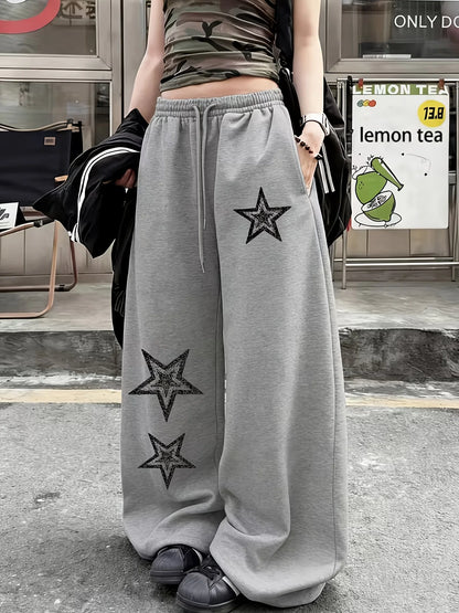 New Women's Plus Size Star Print Pants Fleece Elastic Waist Straight Leg Sweatpants Fashionable and Versatile