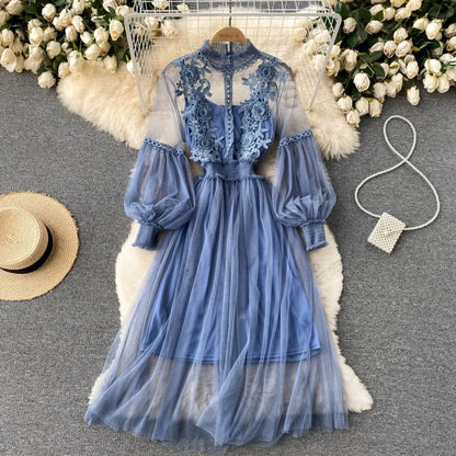 New Lace Flower Mesh Dress Summer Lantern Sleeve White Long Dresses For Women Party Vintage Elegant Dress 2 Piece Sets 12041