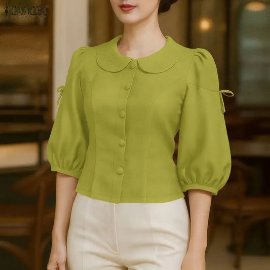 ZANZEA Women's Elegant Vintage Princess Seam Blouses Turn-Down Collar 3/4 Puff Sleeves Button Up Shirts Summer Solid Color Tops