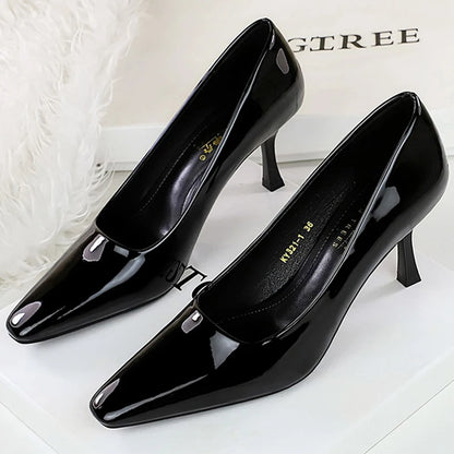 Fashion Women 7.5 cm Heels Patent Leather Women Pumps Square Head Kitten Heels Stiletto Elegant Banquet Shoes Sexy Party Shoes